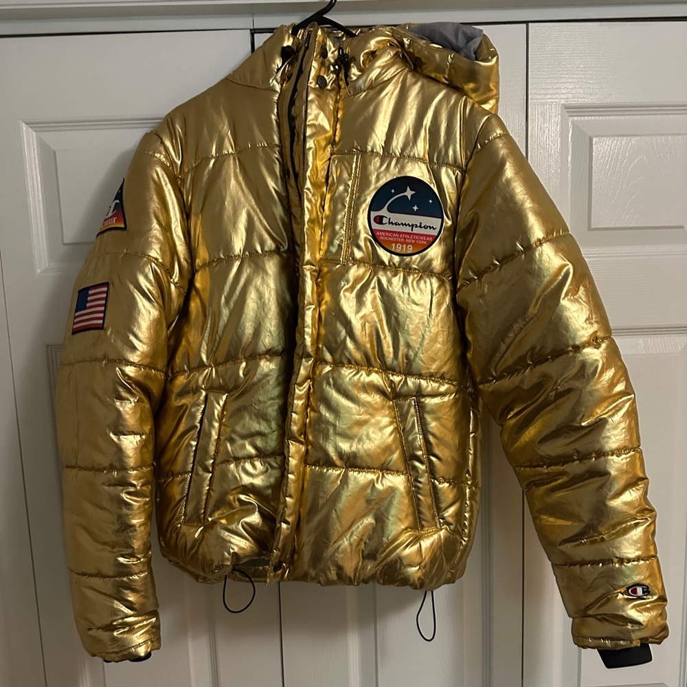 Champion NASA Gold Puffer Jacket with Patches SMALL